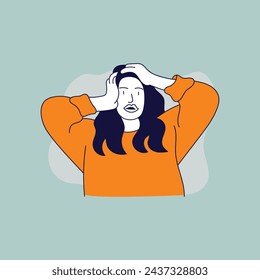 Shocked scared young woman casually holds her head with hands. Vector hand drawn illustration in flat style.