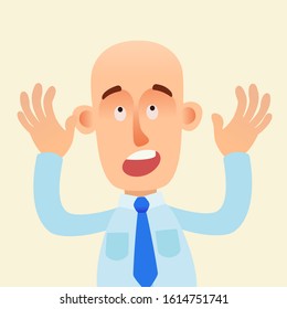 Shocked screaming bald man. Hair loss concept. Sad bald headed adult male. Vector illustration, flat design cartoon style. Isolated background.