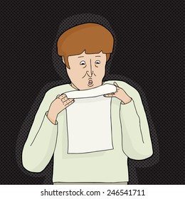 Shocked single cartoon Caucasian man holding bill
