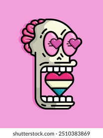 shocked skull bites a heart shaped rainbow and glares out love with brains spilling out. Can be used for birthdays, parties, Valentine Day, celebrations and printed on t-shirts, hoodies, tote bags