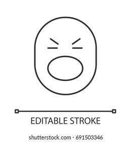 Shocked smiley linear icon. Face with open mouth and tightly closed eyes. Thin line illustration. Contour symbol. Vector isolated outline drawing. Editable stroke