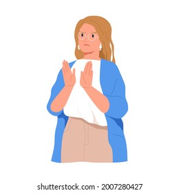 Impactada mujer sorprendida mirando el smb y mostrando su reacción negativa con negación, rechazo o gesto de alto. Comunicación no verbal. Ilustración vectorial plana de color aislada en fondo blanco.