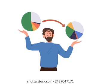 Shocked stressed businessman cartoon character working with pie chart comparing financial statistics