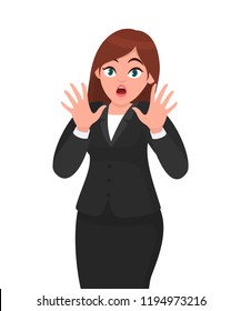  Shocked and stunned businesswoman raising palms to protect herself. Human emotion and body language concept illustration in vector cartoon style.