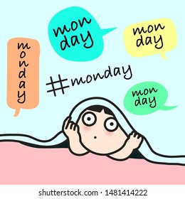 Shocked Stunned Emotional Young Woman Is Open Blanket While Hearing Speech Bubbles With Monday Word And Hashtag Monday Concept Card Character illustration