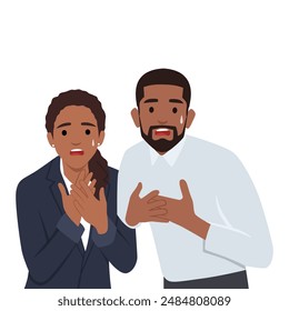 Sorprendida sorprendida sorprendida pareja mirando la cámara con la boca abierta. Ilustración vectorial plana aislada sobre fondo blanco