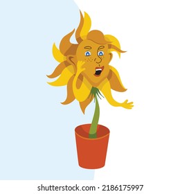 Shocked, surprised colorfull Cartoon Sunflower in pot