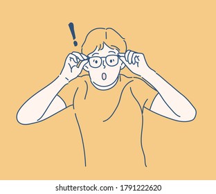 Shocked and surprised funny face of man with eyeglasses. Emotions and facial expressions concept. Hand drawn in thin line style, vector illustrations.