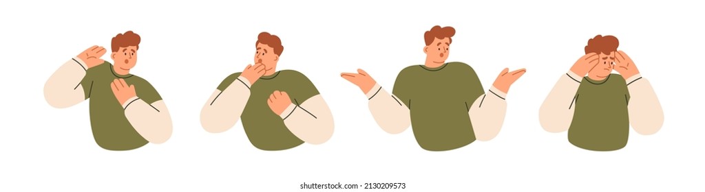 Shocked and surprised men set. Astonished amazed person with confused embarrassed emotions, puzzled and bewildered face expressions and gestures. Flat vector illustration isolated on white background