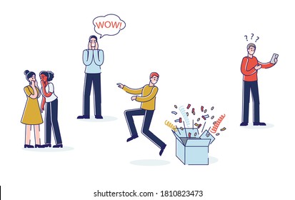 Shocked and surprised people. Set of cartoon characters emotional afraid, frustrated and amazed. Young adults reaction to surprise or bad news. Vector illustration