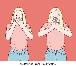 Shocked and surprised young girls with casual clothes. Hand drawn style vector illustration isolated on red background. Women with hands on mouth expressing panic, excitement or amazed.