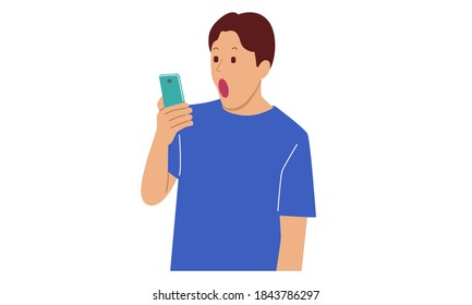 Shocked and surprised young man looking at smartphone