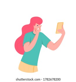 Shocked and surprised young woman looking at the screen of her phone. Girl opened his mouth in surprise, impressed by media content from web. Vector flat style illustration.