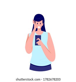 Shocked and surprised young woman looking at the screen of her phone. Girl opened his mouth in surprise, impressed by media content from web. Vector flat style illustration.