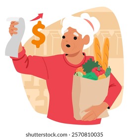 Shocked upset elderly woman cartoon retiree character disappointed with expensive purchases in supermarket vector illustration. Poor aged female grandparent customer in stress of rising food prices