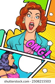 shocked woman with amazed face OMG open mouth in Pop Art Comic Style