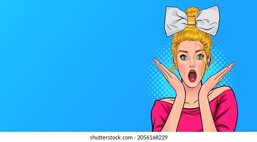 shocked woman with amazed face and open mouth wow  In Retro Vintage Pop Art Comic Style