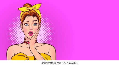 Shocked Woman With Amazed Face And Open Mouth Wow  In Retro Vintage Pop Art Comic Style