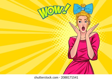 shocked woman with amazed face wow and hands up open mouth in Pop Art Comic Style