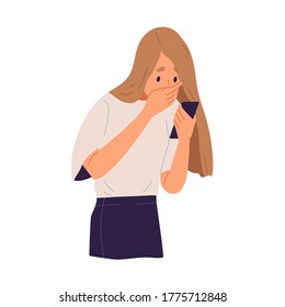 Shocked Woman Closed Mouth By Hand Look At Screen Of Smartphone Vector Flat Illustration. Young Girl Having Astonished News Hold Mobile Phone Isolated On White. Surprised Female Read Message