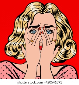 Shocked Woman Closes Eyes with Her Hands. Girl in Shock. Comic Style Pop Art. Vector illustration