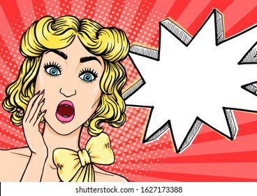 Shocked woman face with hand and open mouth with thinking cloud for your message, vector illustration of surprised girl in pop art retro comic style