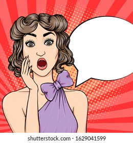 Shocked woman face with open mouth and staring eyes with thinking cloud for your text, vector illustration in pop art retro comics style with halftone dots