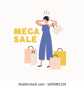 Shocked woman holding head surrounded by shopping bag enjoy mega sale isolated on white. Crazy shopaholic female having surprised during discount vector flat illustration. Shopper girl with package