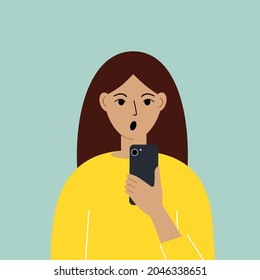 Shocked woman with a mobile phone, front view. Taking pictures, reading, chatting. Smartphone and internet addiction. Vector illustration.