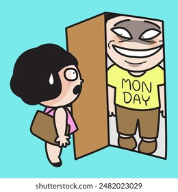 Shocked Woman Open Door While Monday Young Man Standing Behind Them Concept Card Character illustration