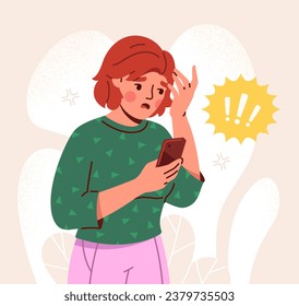 Schockierte Frau am Telefon. Konzept der schlechten Nachrichten in sozialen Netzwerken. emotionaler Stress. Psychologie und psychische Gesundheit. Junge Mädchen, die mit Smartphone schreien. Cartoon-Flavektor-Vektorgrafik