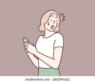 Shocked woman with phone. Hand drawn style vector design illustrations. 