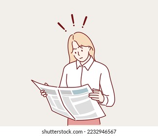 shocked woman reading newspaper. Hand drawn style vector design illustrations.