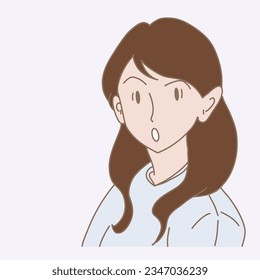 Shocked woman with scared face expression, opened mouth, surprised and shocked emotions. Hand drawn flat cartoon character vector illustration.