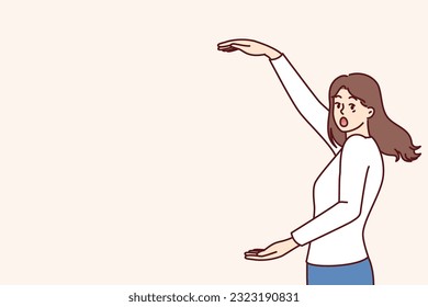 Shocked woman spreading arms wide and looking at screen demonstrating huge discounts for shopping on black friday. Girl in casual clothes is surprised to learn about big discounts in mall