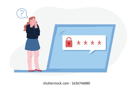 Mulher chocada Stand em enorme laptop com cadeado e estrelas personagens na tela tentando lembrar informações de identificação de senha para perfil de Internet ou conta. Ilustração de vetor plano de desenhos animados