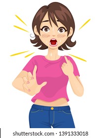 Shocked woman surprised pointing herself in disbelief