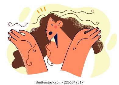 Shocked woman surprised with wide open mouth and throwing up hands demonstrating wow and omg emotions. Amazed woman experiencing shock saw unexpected advertisement or discount size on sale in store  svg