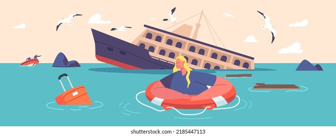 Mujer impactada nadando en la vida tratando de sobrevivir en el océano luego del naufragio. Carácter femenino en el mar con barco hundiéndose y desechos flotando en el agua. Concepto de accidente. Ilustración de vectores de personas de caricatura