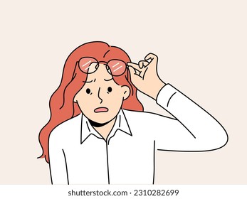 Shocked woman take off glasses astonished with news or message. Surprised female amazed with unbelievable notification. Vector illustration. 