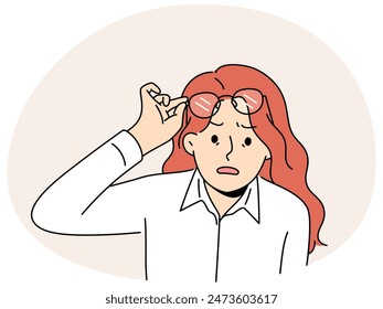 Shocked woman take off glasses astonished with news or message. Surprised female amazed with unbelievable notification. Vector illustration.