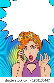 Shocked woman talking on mobile phone with copy space Pop art retro comic