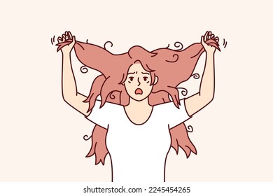 Shocked woman tearing hair on head due to depression or lot of stress suffering from mental disorder. Girl nervous after seeing untidy hairstyle needing to go to hairdresser. Flat vector design 