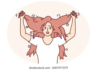 Shocked woman tearing hair on head due to depression or lot of stress suffering from mental disorder. Girl nervous after seeing untidy hairstyle needing to go to hairdresser. Flat vector design svg