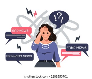 La impactada mujer trata de ignorar las malas noticias. Malas noticias, falsos, desintoxicación informativa. Depresión y frustración. Ilustración vectorial en estilo de caricatura