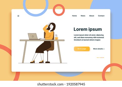 Shocked woman using laptop. Female employee looking at screen and holding head flat vector illustration. Communication, bad news concept for banner, website design or landing web page