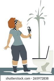 Shocked woman with a wrench looking at a toilet, spouting water to the ceiling, vector illustration, no transparencies, EPS 8