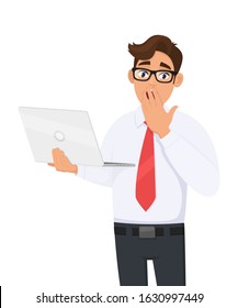 Shocked young business man holding laptop and covering mouth with hand. Trendy Person using or working computer. Male character design illustration. Modern lifestyle concept in vector cartoon style.