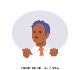Shocked young businessman cartoon character peeking from window oval hole isolated on white