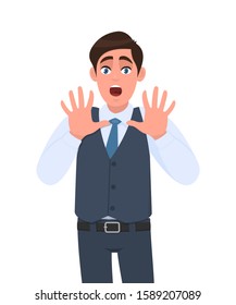 shocked young businessman shouting and making stop gesture with hands. Trendy person afraid and terrified with fear facial expression. Male character  illustration. Human emotion in vector cartoon.